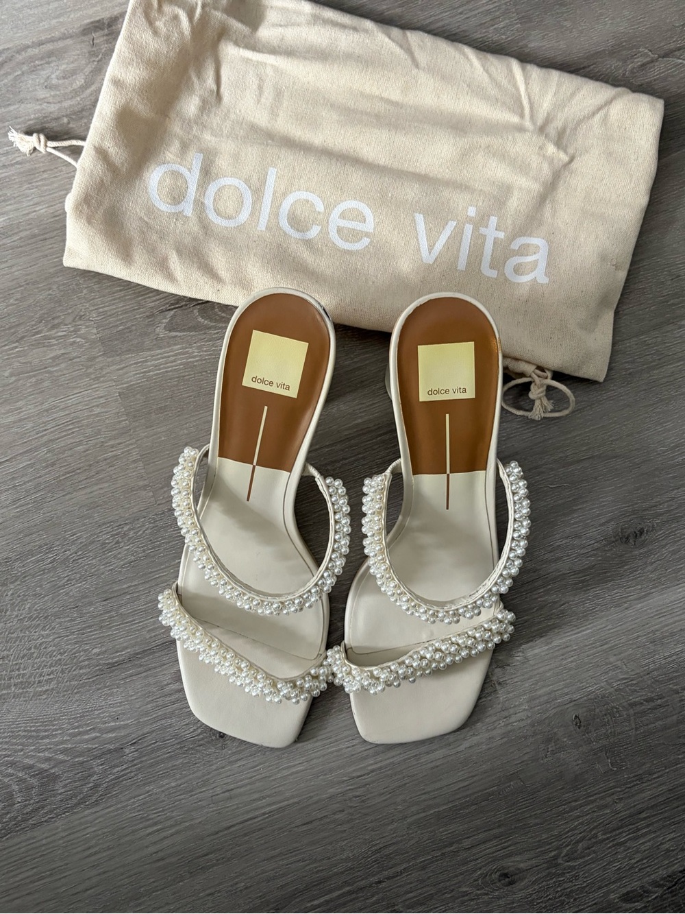 Dolce Vita Pearl-Embellished Cream Slide Mules
